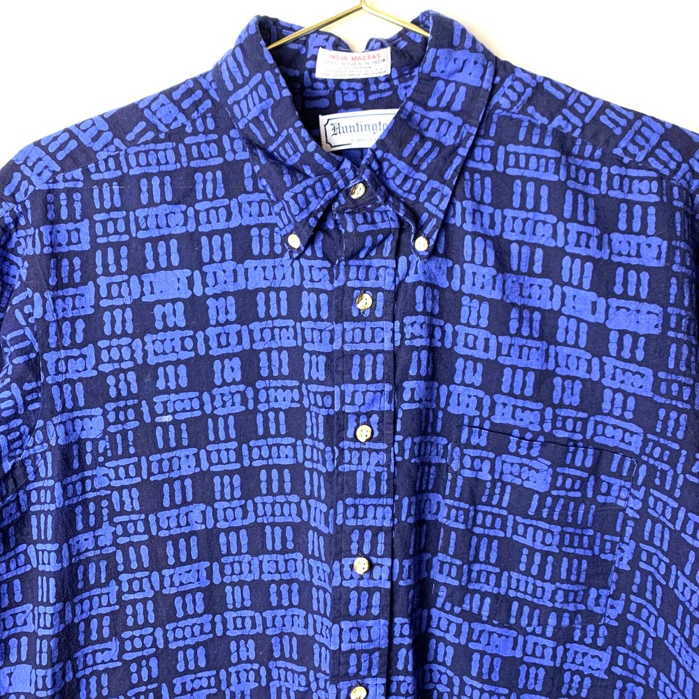 Vintage Hand Woven India Madras USA Made Huntington Short Sleeved Button Down